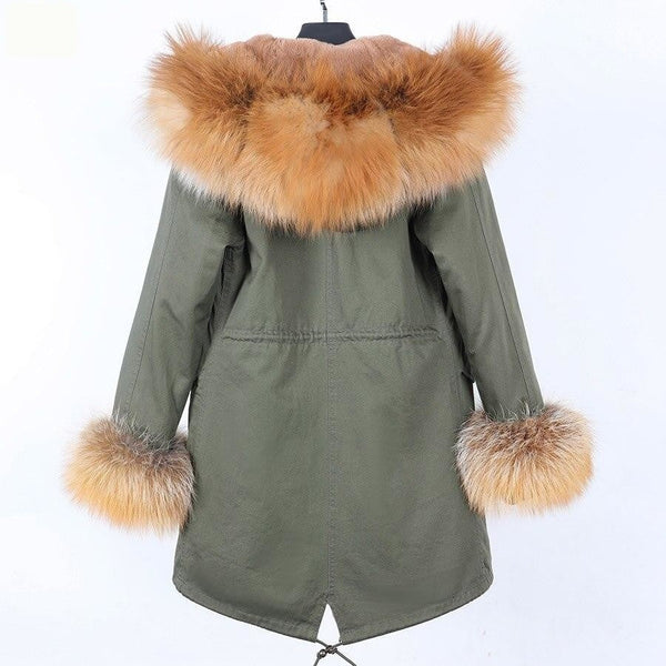 Army Green Women's Fox Fur Leather Hooded Long Detachable Coats & Jackets  -  GeraldBlack.com