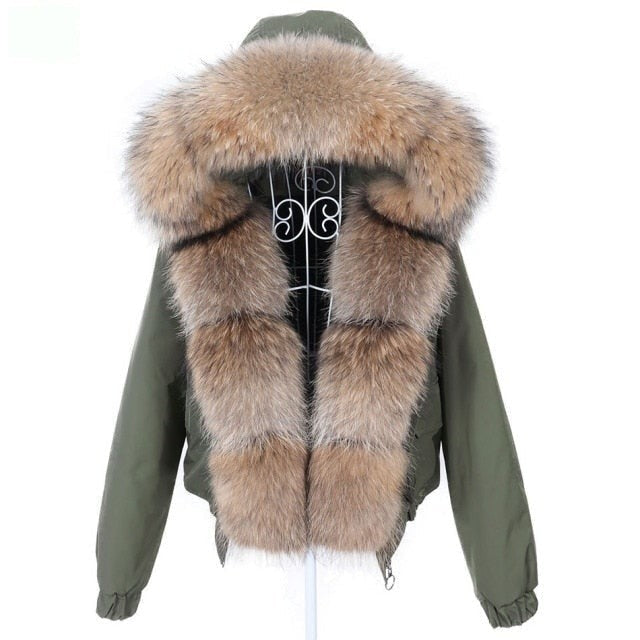 Army Green Women's Thick Warm Fur Full Sleeved Hooded Winter Jackets  -  GeraldBlack.com
