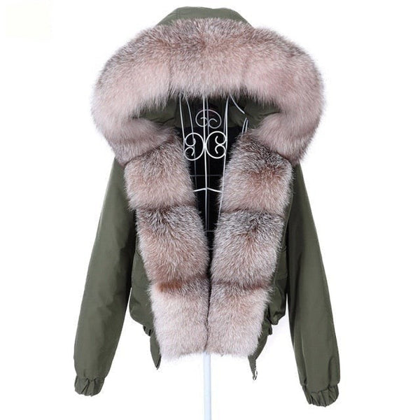 Army Green Women's Thick Warm Fur Winter Jacket with Raccoon Fur Collar  -  GeraldBlack.com