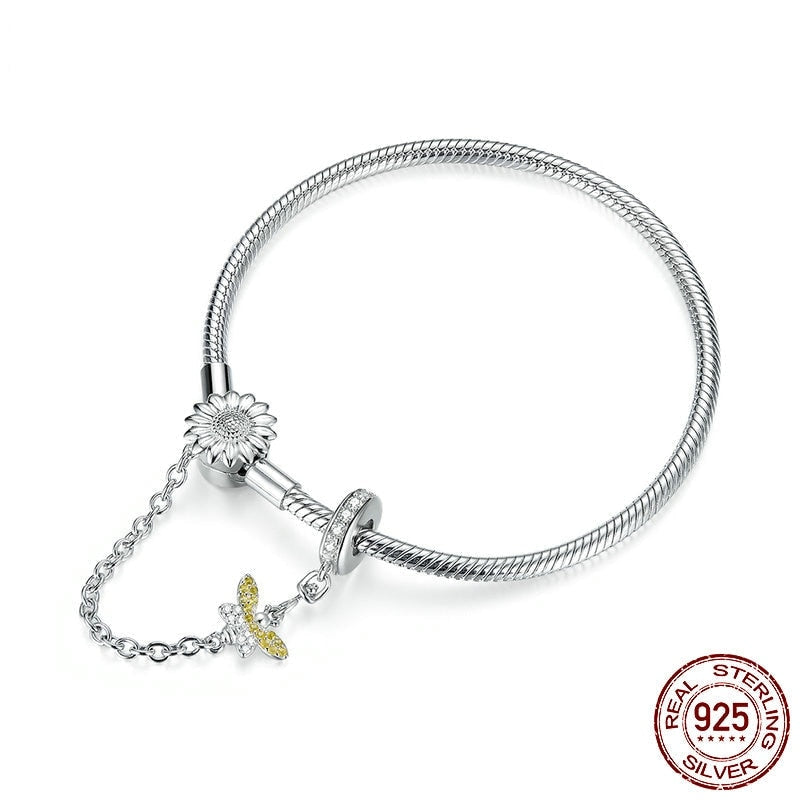 Authentic 925 Sterling Silver 3mm Snake Charm Bracelet with Sunflower Safety Chain DIY Bracelets Accessories BSB041  -  GeraldBlack.com