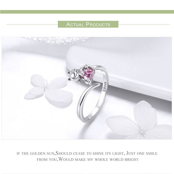 Authentic 925 Sterling Silver Adorable Cat Pink CZ Adjustable Finger Rings for Women Sterling Silver Ring Jewelry SCR446  -  GeraldBlack.com