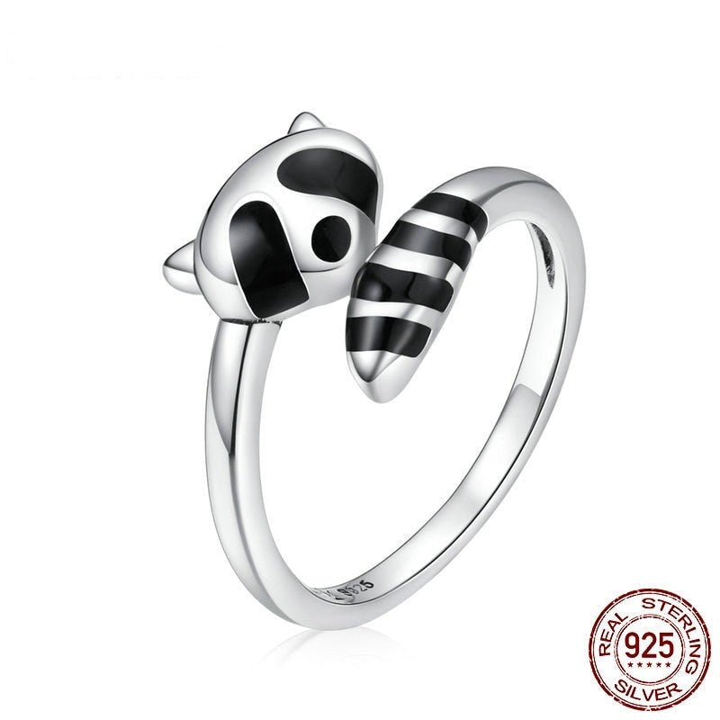 Authentic 925 Sterling Silver Black Enamel Raccoon Finger Rings for Women Adjustable Free Size Fine Jewelry SCR652  -  GeraldBlack.com