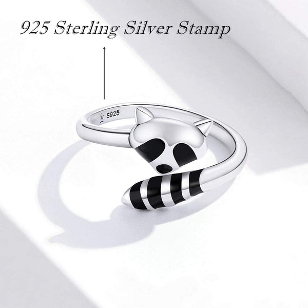Authentic 925 Sterling Silver Black Enamel Raccoon Finger Rings for Women Adjustable Free Size Fine Jewelry SCR652  -  GeraldBlack.com
