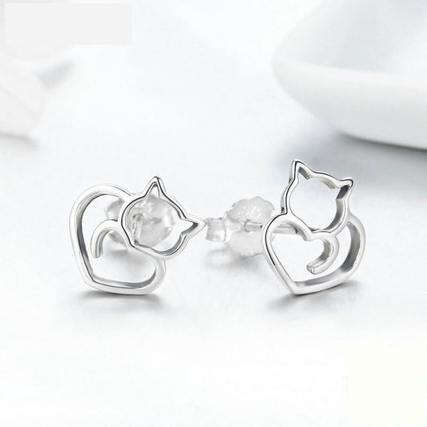 Authentic 925 Sterling Silver Cute Cat Small Stud Earrings for Women - SolaceConnect.com