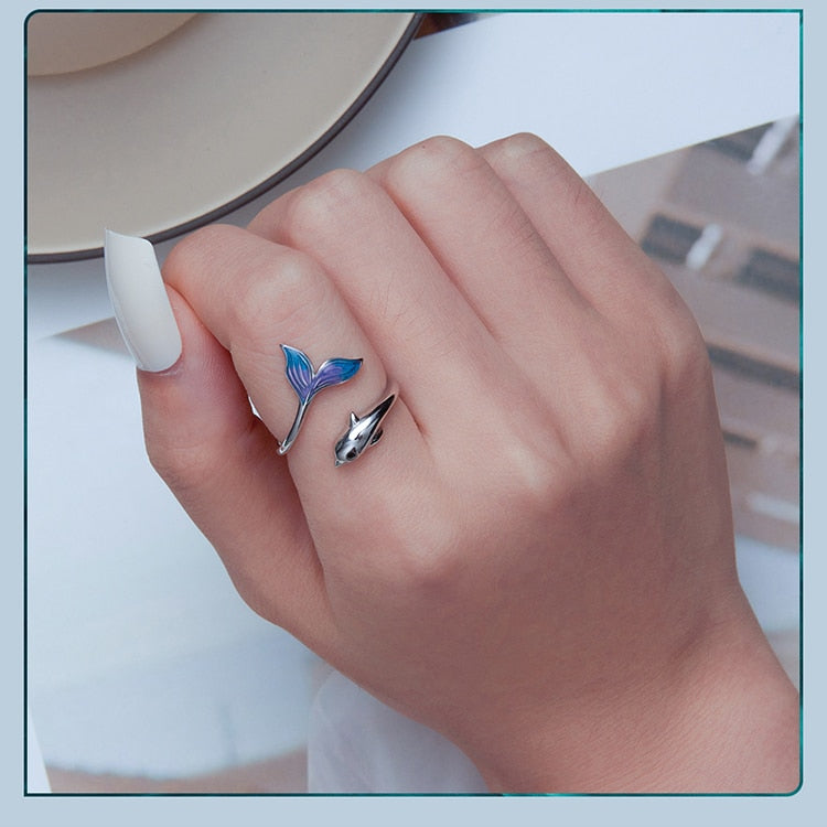 Authentic 925 Sterling Silver Dolphin Ring for Women Fine Jewelry Colored Cute Tail Ring Kids Beach Party Gift BSR270  -  GeraldBlack.com