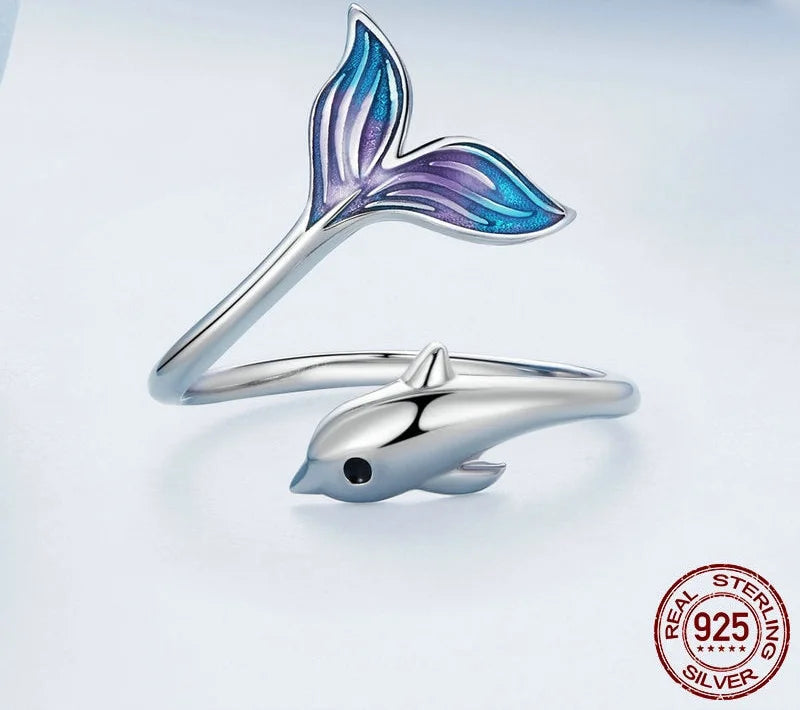 Authentic 925 Sterling Silver Dolphin Ring for Women Fine Jewelry Colored Cute Tail Ring Kids Beach Party Gift BSR270  -  GeraldBlack.com