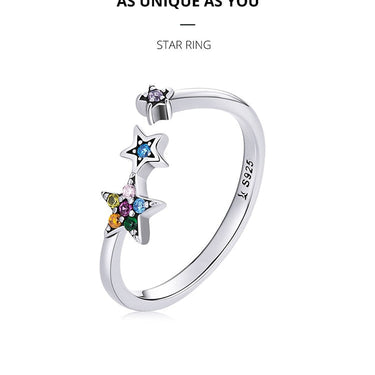 Authentic 925 Sterling Silver Rainbow Crystal Star Ring Women Sterling Silver Adjustable Ring Fine Jewelry Wedding Gift  -  GeraldBlack.com