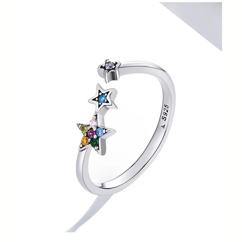Authentic 925 Sterling Silver Rainbow Crystal Star Ring Women Sterling Silver Adjustable Ring Fine Jewelry Wedding Gift  -  GeraldBlack.com