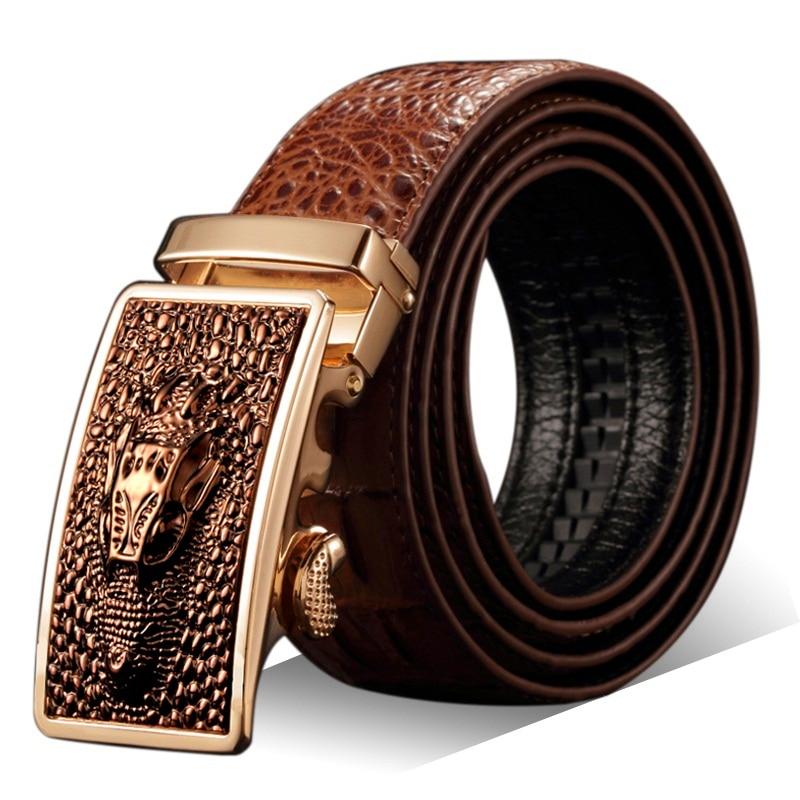 Automatic Buckle Crocodile Leather Textured Pattern Belt for Men - SolaceConnect.com