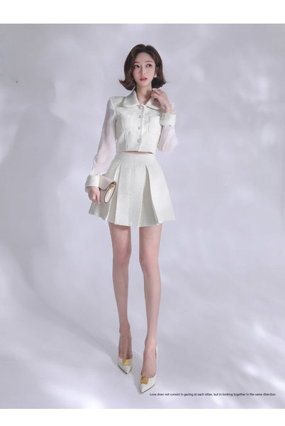 Autumn 2 Piece Set Suit Skirt White Short Single Breasted Top Fashion Mini A-Line Skirt Korean Chic Casual  -  GeraldBlack.com