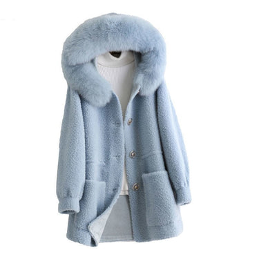 Autumn and Winter 100% Real Sheep Shearling Coat with Fox Fur Collar  -  GeraldBlack.com