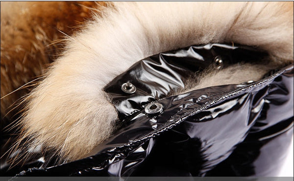 Autumn and winter bright face real fur collar black down jacket short 90 white duck down slim hooded  -  GeraldBlack.com