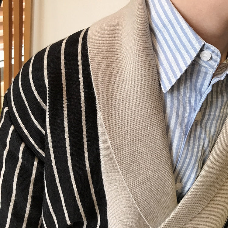Autumn British Stripe Double Breasted Coat Men Personalized Slim Lapel Sweater Cardigan  -  GeraldBlack.com