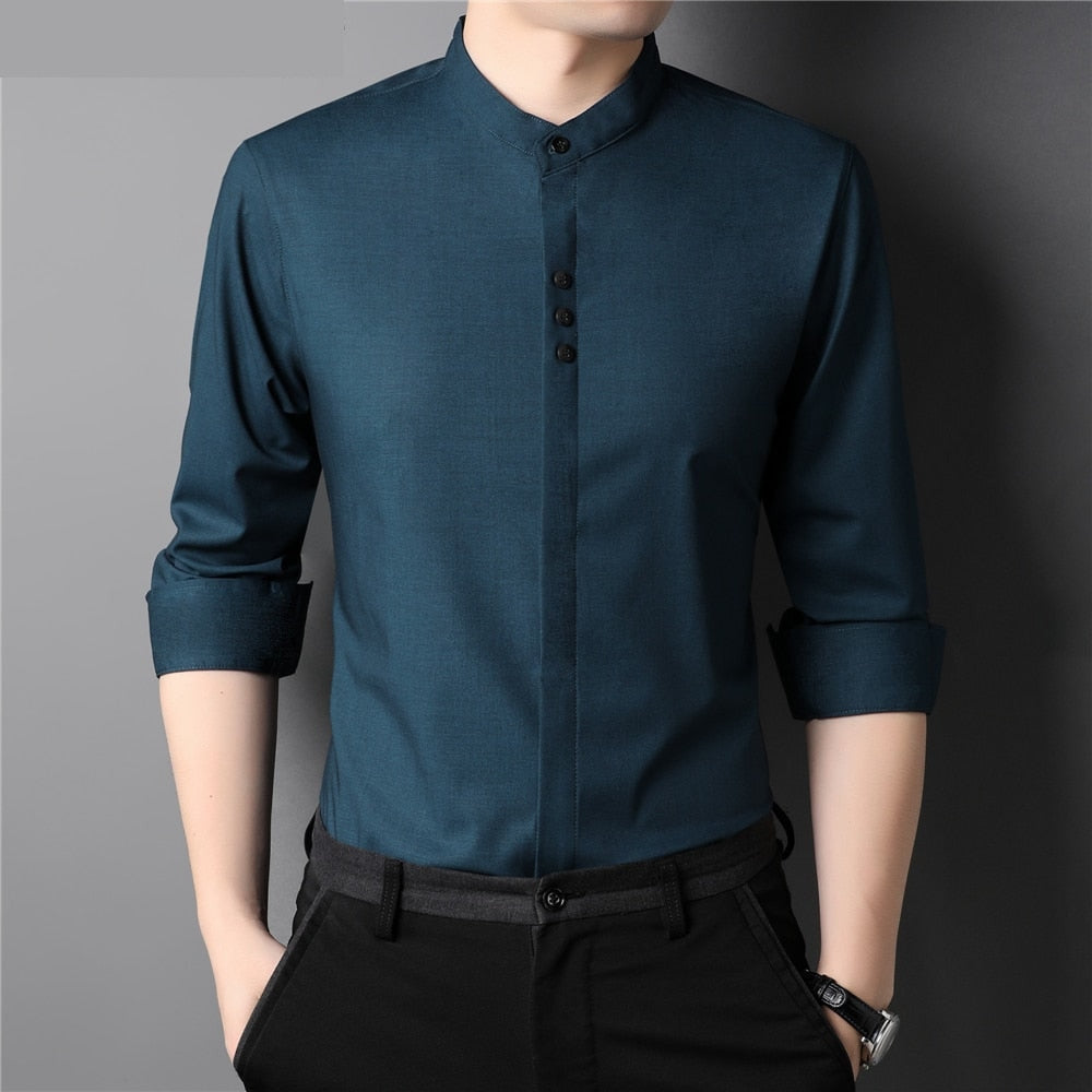 Autumn Classic Collarless Solid Casual Long Sleeve Shirt for Men  -  GeraldBlack.com