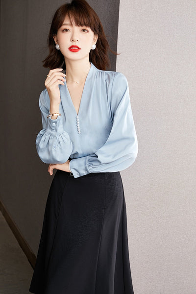 Autumn Elegant V-Neck Vintage Chiffon Blouse Female Shirt Office Tops Long Sleeve Casual Blusas Women Loose Blouses  -  GeraldBlack.com