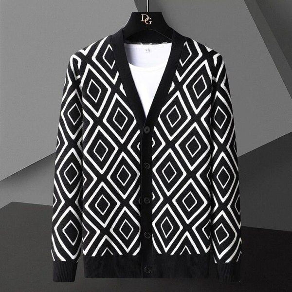 Autumn England Men's 4XL Diamond Striped Button-up Knitted Cardigan Jacket - SolaceConnect.com