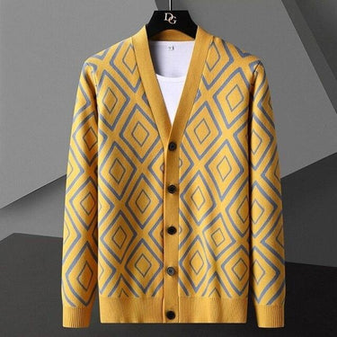 Autumn England Men's 4XL Diamond Striped Button-up Knitted Cardigan Jacket - SolaceConnect.com