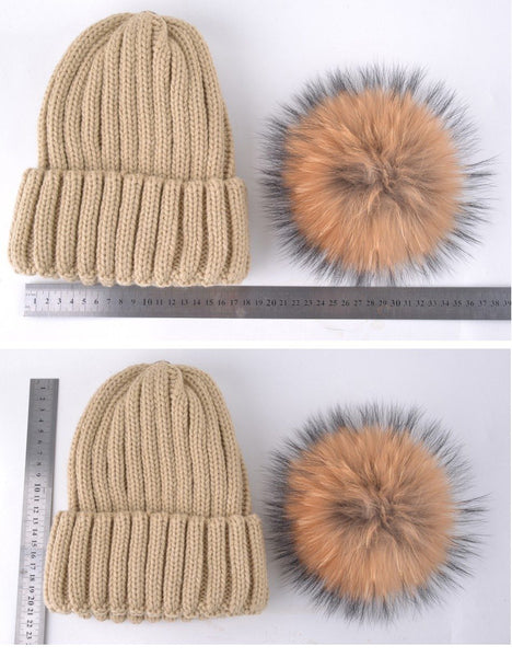 Autumn Fashion Knitted Raccoon Fur Ball Beanie Cap for Women and Men - SolaceConnect.com