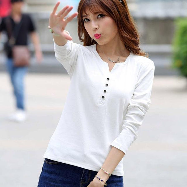 Autumn Fashion Long Sleeve T-Shirt Tops with Button Decoration for Women - SolaceConnect.com