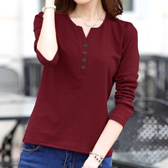 Autumn Fashion Long Sleeve T-Shirt Tops with Button Decoration for Women - SolaceConnect.com