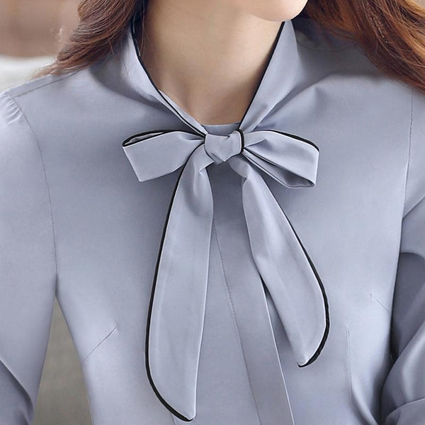 Autumn Female Self Piping Ruffle Bowtie Office Work Wear Shirt Tops Chemise - SolaceConnect.com