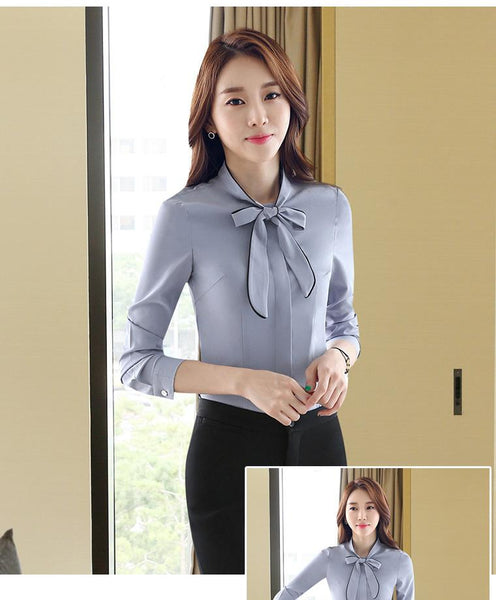 Autumn Female Self Piping Ruffle Bowtie Office Work Wear Shirt Tops Chemise - SolaceConnect.com