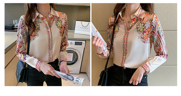 Autumn Office Lady Blusa Vintage Print Tops Simple Elegant Chiffon Women Blouses Long Sleeve Casual Shirts  -  GeraldBlack.com