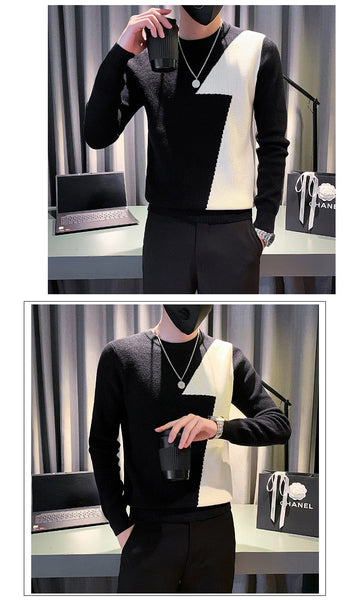 Autumn Personality Splicing Striped Knitted Mens Slim O Neck Pullover Sweater  -  GeraldBlack.com
