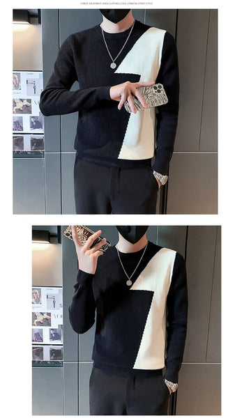 Autumn Personality Splicing Striped Knitted Mens Slim O Neck Pullover Sweater  -  GeraldBlack.com