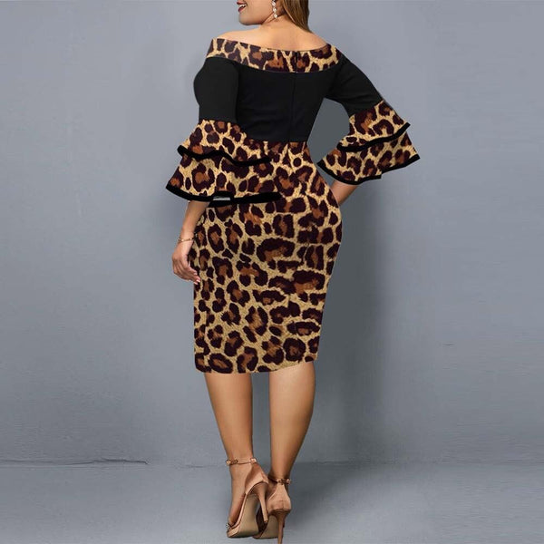 Autumn Plus Size Dresses Leopard Printed Wedding Party Dress Ladies Chic Flare Sleeve Night Club - SolaceConnect.com