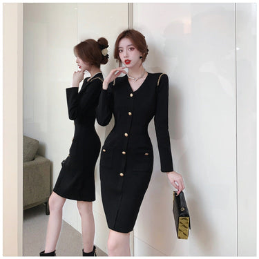 Autumn Winter Casual Single-Breasted Knitted Bodycon Dress Bottoming Women Simplicity Series Party Pencil Dresses  -  GeraldBlack.com