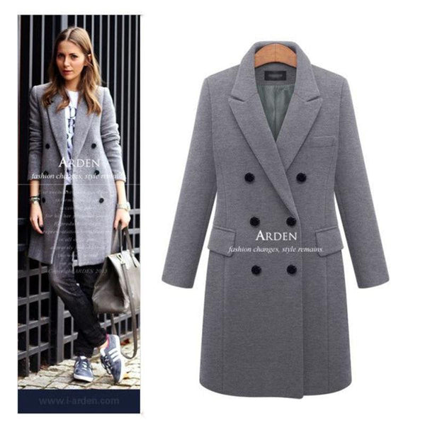 Autumn Winter Casual Wool Solid Double Breasted Long Blazers for Women - SolaceConnect.com