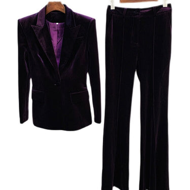 Autumn Winter Designer Runway Suit Set Women's Single Button Velvet Blazer Jacket Flare Pants Suit  -  GeraldBlack.com