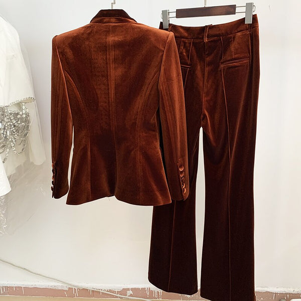 Women's Winter Single Button Velvet Jacket and Flare Pants Two-Piece Suit