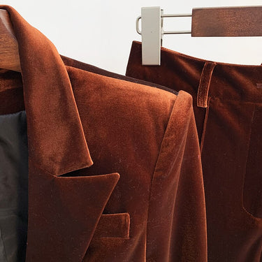 Autumn Winter Designer Runway Suit Set Women's Single Button Velvet Blazer Jacket Flare Pants Suit  -  GeraldBlack.com