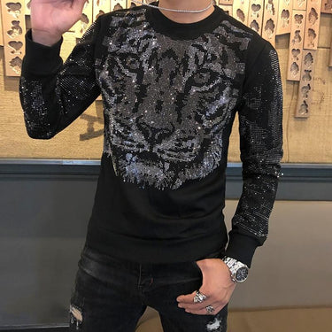 Autumn Winter Fashion Men's Personalized Tiger Head Heavy Hot Drilling Tee Shirt - SolaceConnect.com