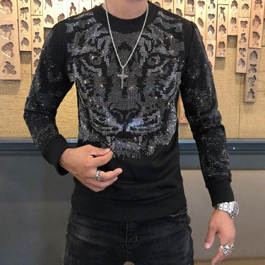 Autumn Winter Fashion Men's Personalized Tiger Head Heavy Hot Drilling Tee Shirt - SolaceConnect.com