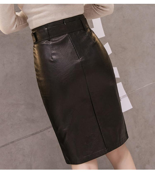 Autumn Winter High Waist Synthetic Leather Split Pencil Midi Skirts - SolaceConnect.com