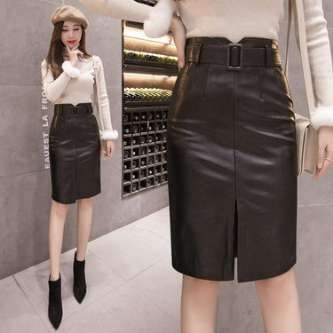 Autumn Winter High Waist Synthetic Leather Split Pencil Midi Skirts - SolaceConnect.com
