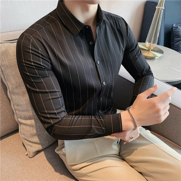 Autumn Winter Long Sleeve Striped Business Formal Slim Shirts for Men  -  GeraldBlack.com