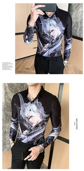 Autumn Winter Men's Casual Fashion Long Sleeve Cartoon Print Slim Shirts - SolaceConnect.com