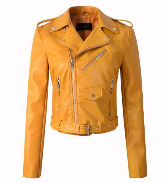 Autumn Winter Motorcycle Leather Jacket in Yellow for Women - SolaceConnect.com