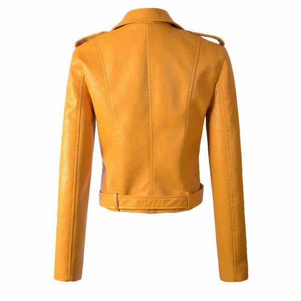 Autumn Winter Motorcycle Leather Jacket in Yellow for Women - SolaceConnect.com