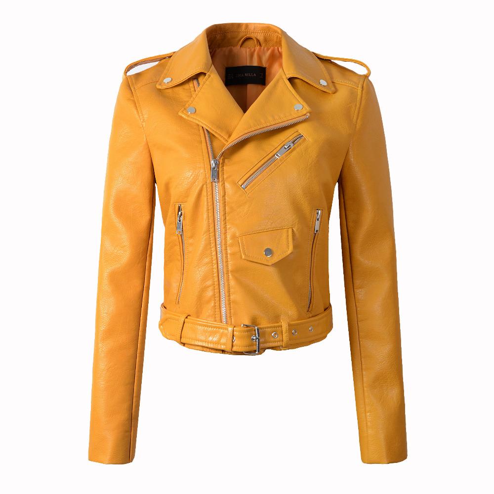 Autumn Winter Motorcycle Leather Jacket in Yellow for Women  -  GeraldBlack.com