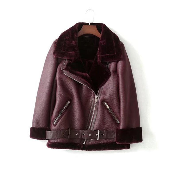 Autumn Winter Synthetic Lamb Leather Soft Coat Fur Collar Zipper Women's Jacket - SolaceConnect.com
