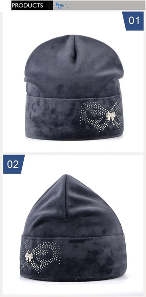 Autumn Winter Velvet and Butterfly Rhinestone Beanies Cap for Women - SolaceConnect.com