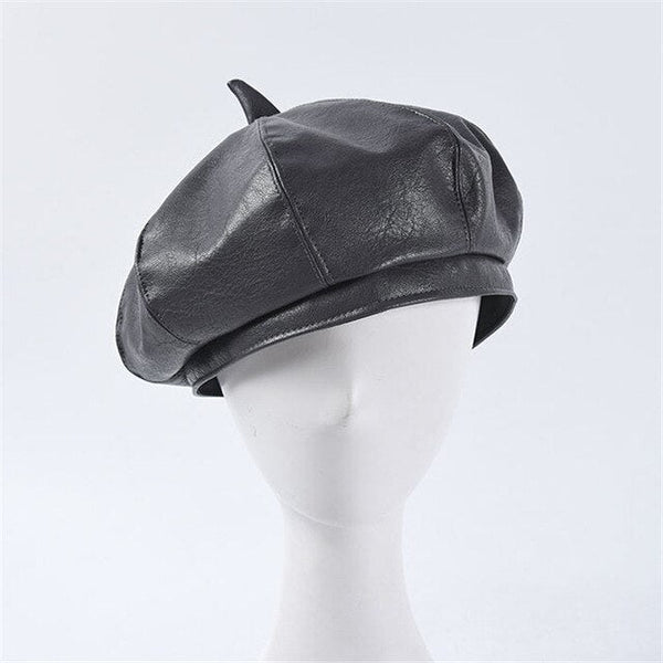 Autumn Winter Women's Synthetic Leather Solid Pattern Stewardess Beret Cap - SolaceConnect.com