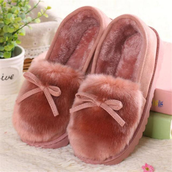Autumn Winter Women's Warm Fur Cotton Ballet Flats with Lovely Bow - SolaceConnect.com