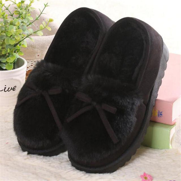 Autumn Winter Women's Warm Fur Cotton Ballet Flats with Lovely Bow - SolaceConnect.com