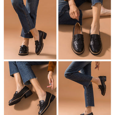 Autumn Women's Calfskin Leather Bow-knot Round Toe Slip-on Tassel Loafers - SolaceConnect.com